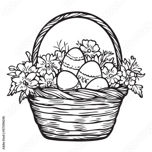 Floral basket with Easter eggs Coloring Page Kids, Decorative basket filled with colorful eggs and flowers for a festive celebration , Floral basket with Easter eggs vector illustration