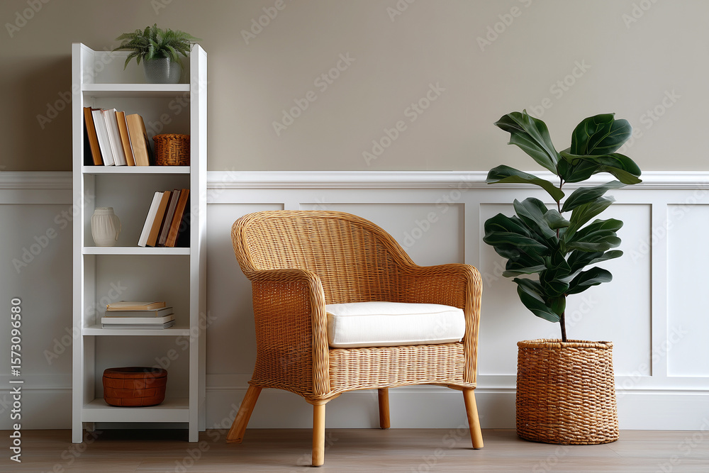 Cozy interior made of natural materials: wicker chair, plant in wicker pot, wooden bookcase with books. Minimalism, Scandinavian or boho style. Natural materials - rattan, wood, vine.