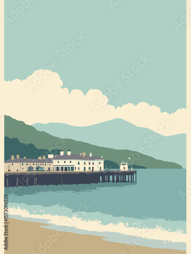 Llandudno - Victorian pier and calm bay under Snowdonia backdrop in teal, cream, stone gray, and moss green