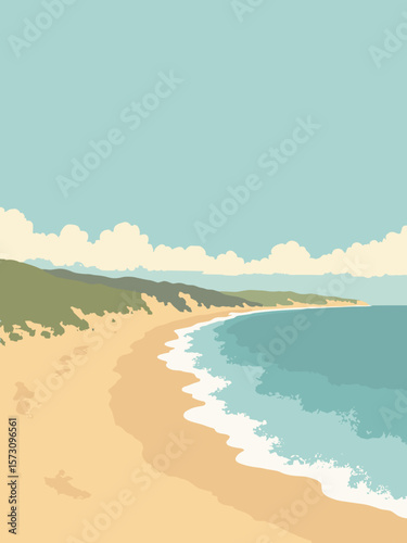 Weymouth - golden beach curve and shallow waves under blue sky in mustard, aquamarine, sand, and ivory