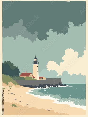 Travemünde - Baltic sands and lighthouse under storms clouds in sand beige, storm gray, sea green, and white