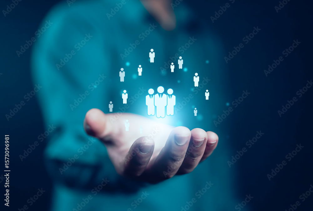 Naklejka premium Businessman showing concept of human resources, employees, employment, management, training, HR, technology, business leadership concept, consulting, customer concept, digital service. 