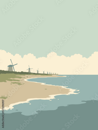 Norderney - North Sea tidal flats and windmills on horizon in gray-beige, sea blue, olive green, and ivory