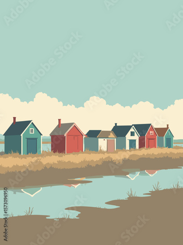 Büsum - Wadden Sea mudflats and colorful fishing huts in earthy brown, teal, red, and cream
