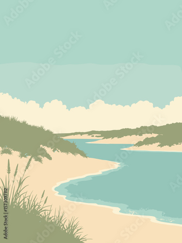Zingst - dunes and shallow lagoon waters with reed silhouettes in sand, aqua, olive, and cream