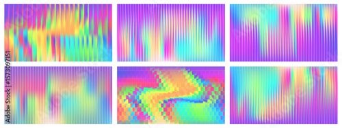 Glass gradient background set with Y2K chromatic patterns and reeded texture. Abstract neon design with fractal ribbing and prism color distortion. Iridescent glassmorphism effect for modern posters o