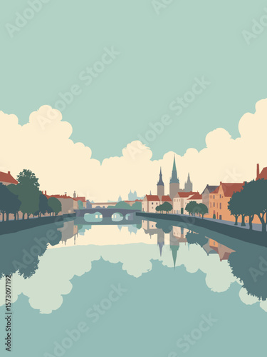 Greifswald - Ryck River mouth with historic skyline reflections in slate, mint, terracotta, and ivory