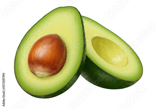 Fresh ripe avocado halves with seed isolated on transparent background