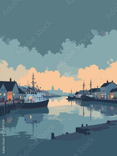 Wilhelmshaven - Jade Bight harbor under moody skies in steel blue, harbor gray, amber lights, and white