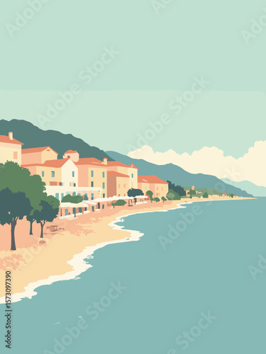 Menton - pastel seafront villas and calm bay in lemon, seafoam, peach, and cream