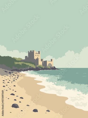 Dieppe - pebbled beach and castle ruins above Channel waves in gray, moss green, sand, and ivory