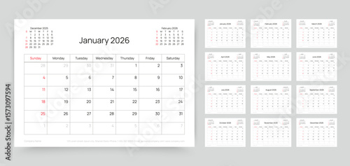 Calendar for 2026 year. Planner calender template. Yearly organizer with 12 pages. Week starts Sunday. Table timetable layout. Desk schedule grid. Horizontal monthly diary. Vector simple illustration