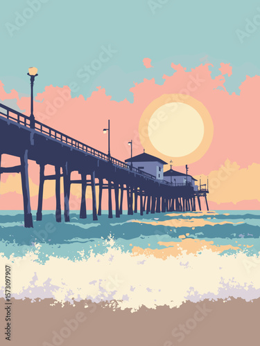 Los Angeles - golden surf crashing on Venice Beach pier under pastel pink and blue dawn light