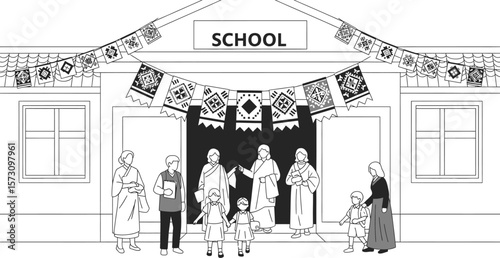 School illustration with students teachers and decorations line art design