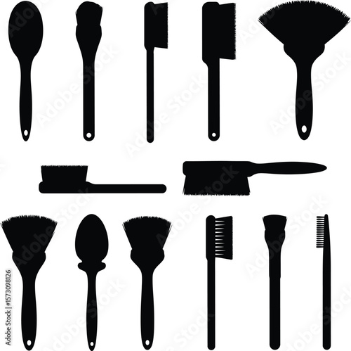 Diverse Brush Silhouettes Collection: Essential Tools for Cleaning, Painting, Grooming & More - Vector Icon Set.