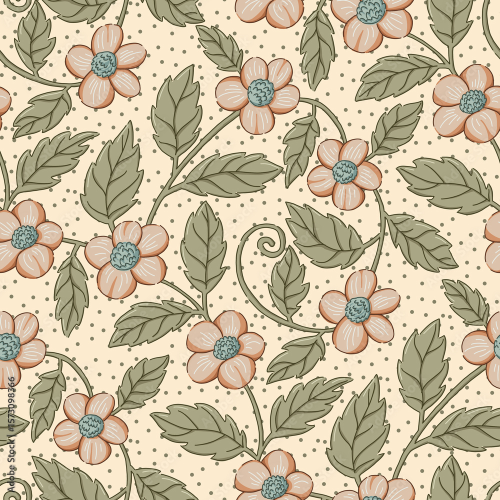 Fototapeta premium Seamless floral pattern with hand-drawn orange flowers and green leaves on beige dotted background, vintage botanical style