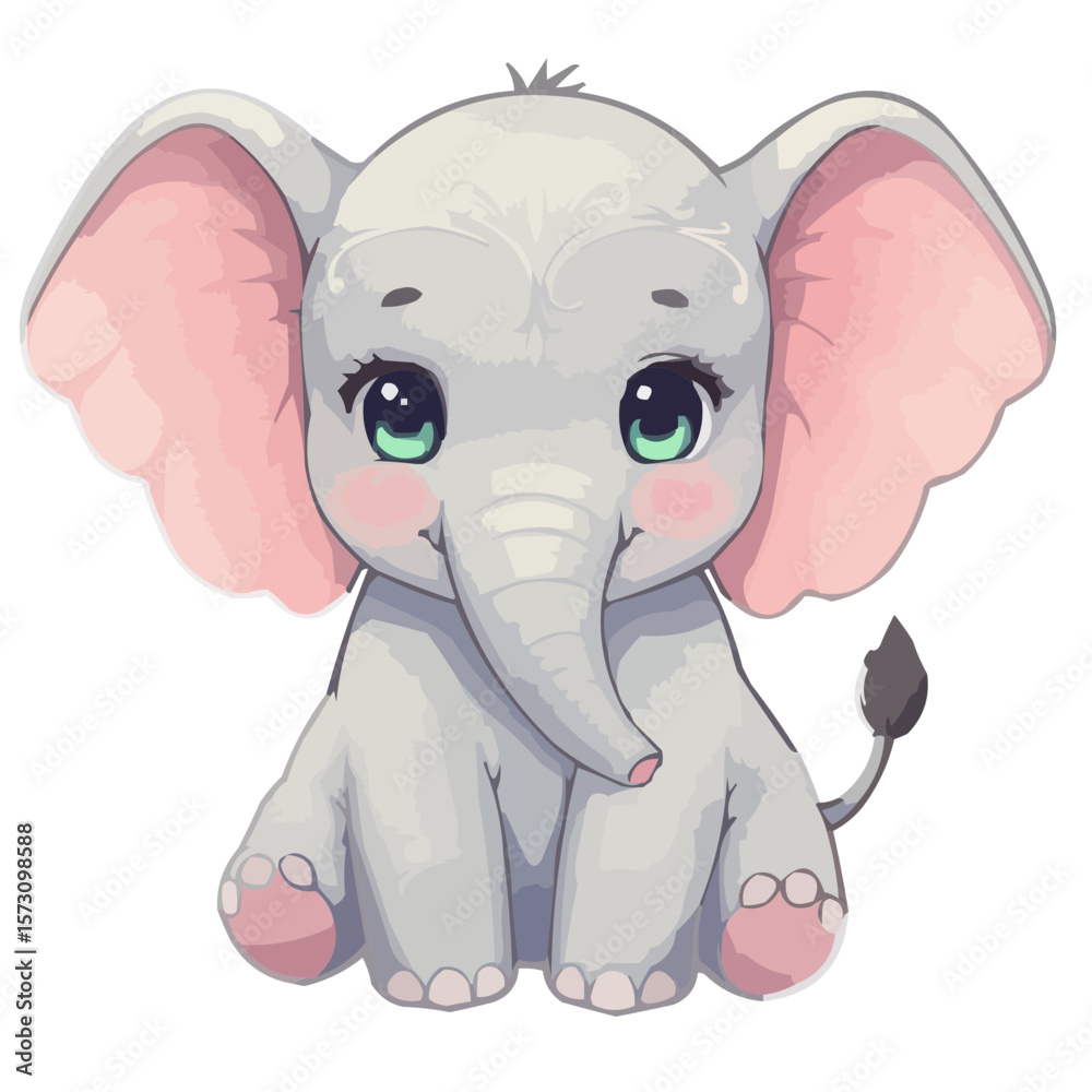 Fototapeta premium Cute cartoon elephant character sitting with big ears and smile 