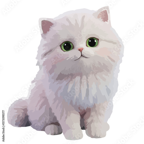Cute fluffy white cat with green eyes sitting on a plain background  