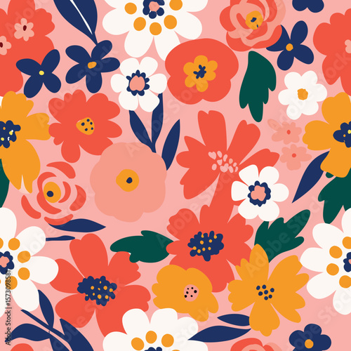 Vibrant retro floral pattern with bold coral pink and yellow blooms on white background.