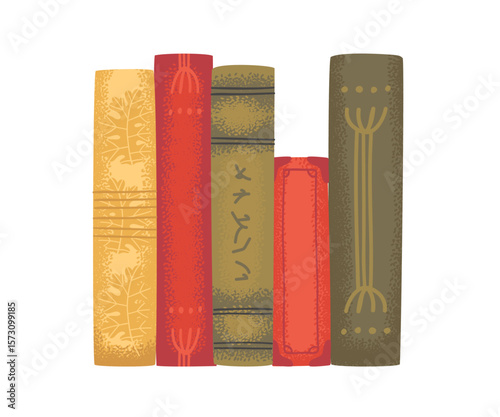 Set of old books with colorful spines. Vintage hand-drawn style.
