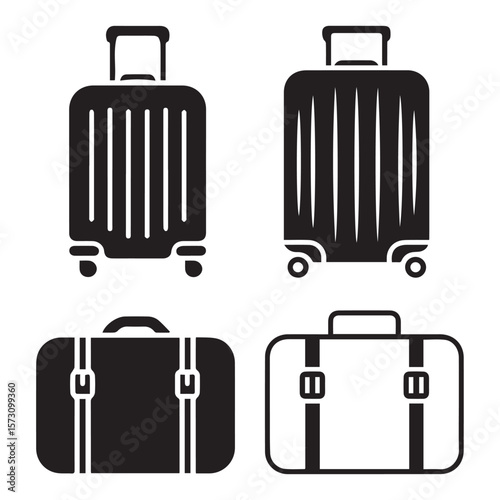 A set of black and white luggage icons representing different styles of suitcases and bags for travel