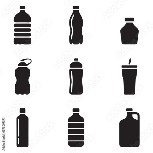 A collection of black and white bottle icons representing various shapes and sizes of water and beverage containers