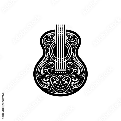 Ornate acoustic guitar graphic with swirling decorative elements in black and white.