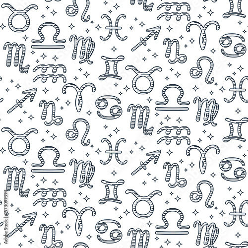 Zodiac sign pattern with hand drawn symbols and stars, seamless linear design. Concept of astrology, horoscope and cosmic energy.