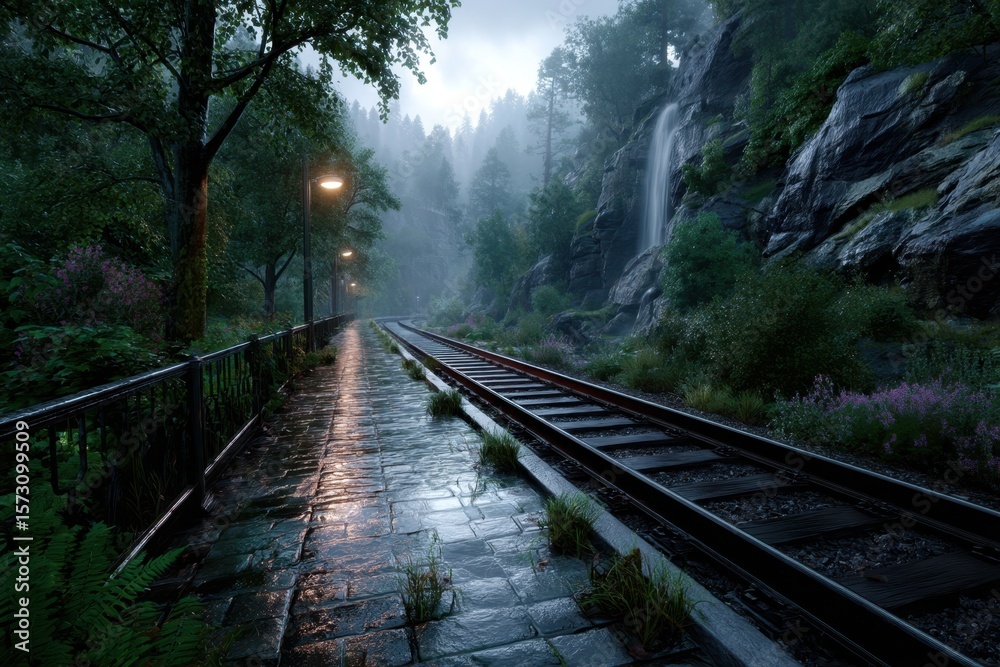 Obraz premium Scenic railway track lined with trees and a waterfall in a misty forest setting