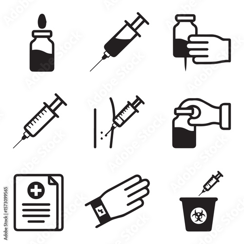 A collection of black and white medical icons representing injections, syringes, and healthcare procedures