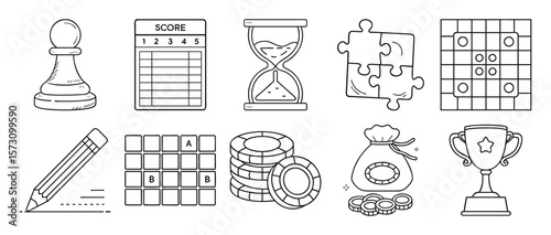 Board Game Icon Set with Pieces, Puzzles, and Score Elements - Set of 12 minimal icons related to board games, including pawns, dice, puzzles, scorecards, tokens, and trophies in outline style.
