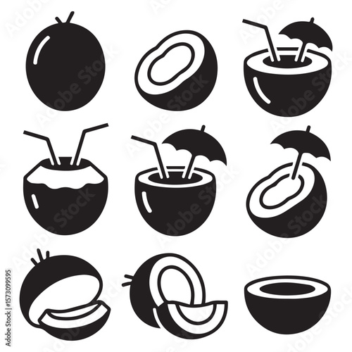 A set of black and white coconut icons representing whole, halved, and garnished tropical fruit drinks