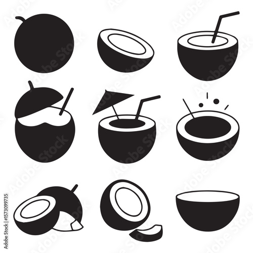 A set of black and white coconut icons representing whole, halved, and garnished tropical fruit drinks