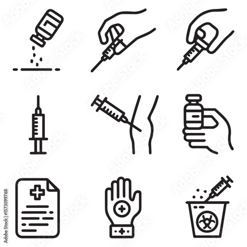 A set of line icons depicting medical injections, vaccines, and related healthcare elements for visual representation