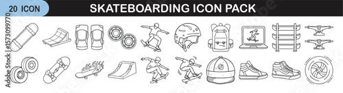 Skateboarding Icon Set with Gear, Tricks, and Ramps - Collection of 20 minimal skateboarding icons including boards, ramps, tricks, helmets, wheels, shoes, and safety gear in line style.
