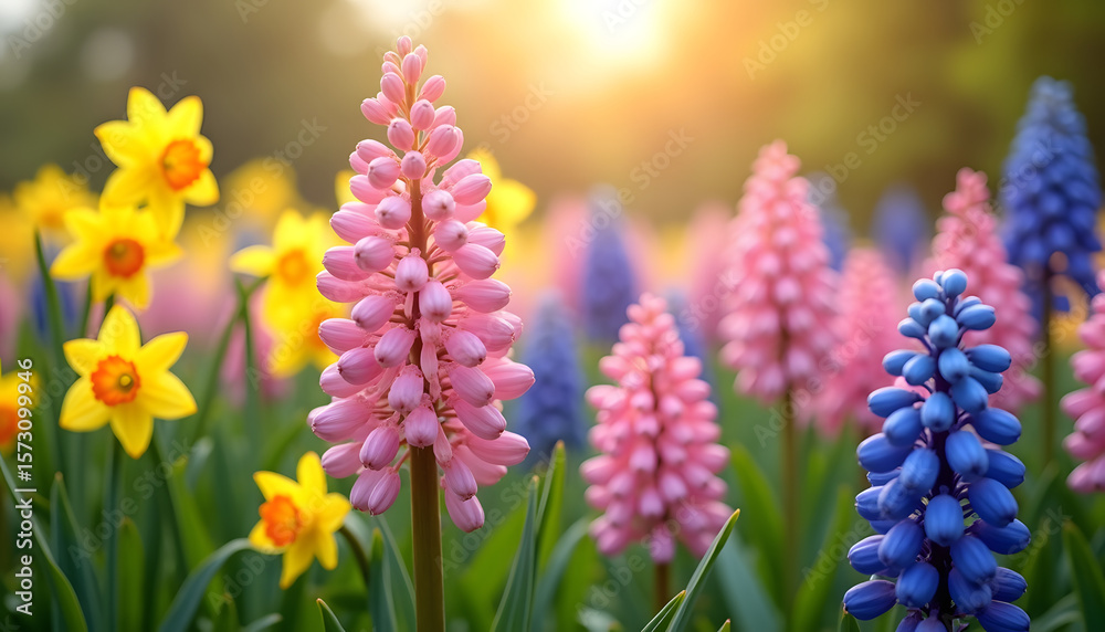 Fototapeta premium A beautiful springtime scene featuring a vibrant field of colorful flowers in bloom.