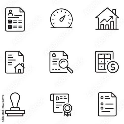A collection of line icons representing real estate, finance, and documentrelated concepts for visual communication