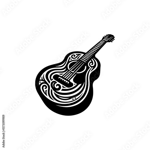 Ornate acoustic guitar illustration, black and white, intricate design, musical instrument.