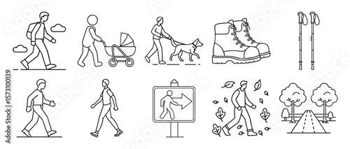 Walking Line Icons with People, Gear, and Nature - Set of 10 minimal walking icons featuring hikers, parents, pets, boots, signs, and trails in clean outline vector style.
