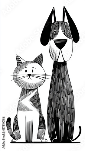 A simple vector illustration of two pet animals, a dog and cat in black lines on white background, designed by minimalist style artist Al shotgun art style, woodcut-inspired graphics, cartoonish simpl