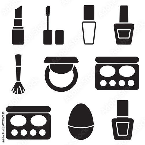 A set of cosmetic icons in black silhouette, including lipstick, mascara, nail polish, and eyeshadow