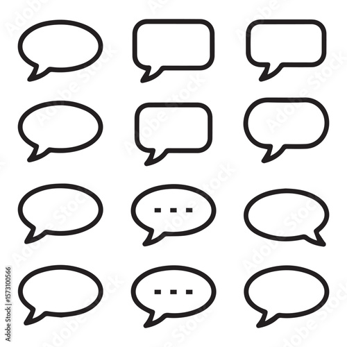 A collection of simple black outline speech bubble icons for online chat and communication