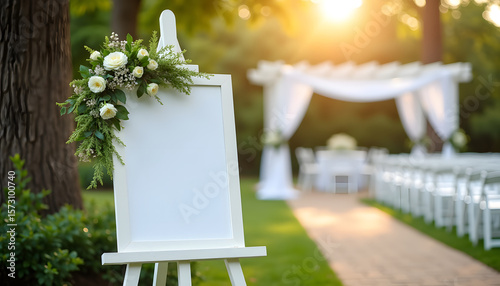 A charming outdoor wedding ceremony setup with floral decorations and a blank sign.