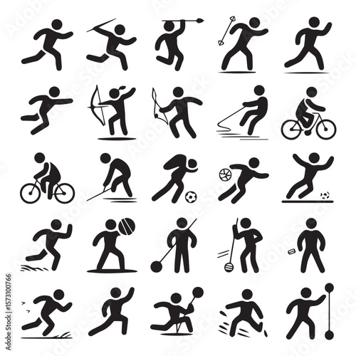 A diverse set of black stick figure icons representing various sports and athletic activities on a white background