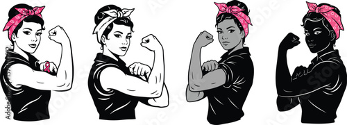 Strong Woman Breast Cancer Awareness Vector – Feminist Empowerment Pose with Pink Ribbon and Headscarf Illustration .