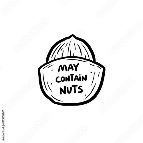 Nut shell with label saying may contain nuts in simple illustration  