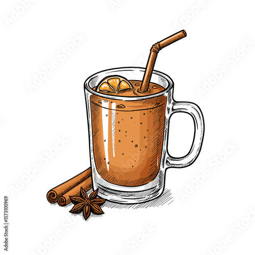 Hot cider with cinnamon in glass mug with straw and cinnamon sticks  