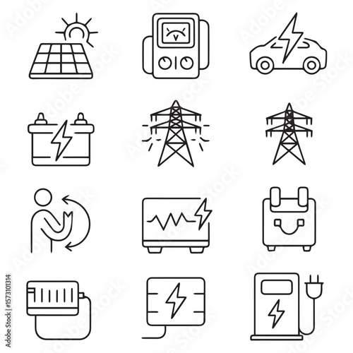 A collection of energyrelated icons depicting solar panels, electric cars, batteries, and power grids, representing sustainable energy solutions