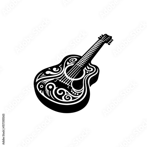 Ornate black and white illustration of an acoustic guitar with decorative floral patterns.