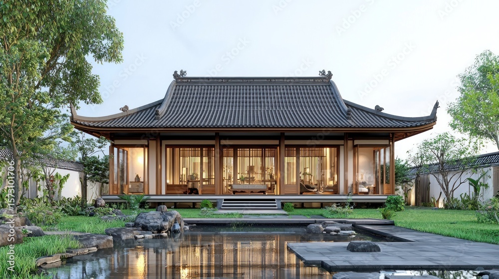 Obraz premium A traditional Chinese-style pavilion with a tiled roof and wooden windows, surrounded by lush greenery and a small pond.